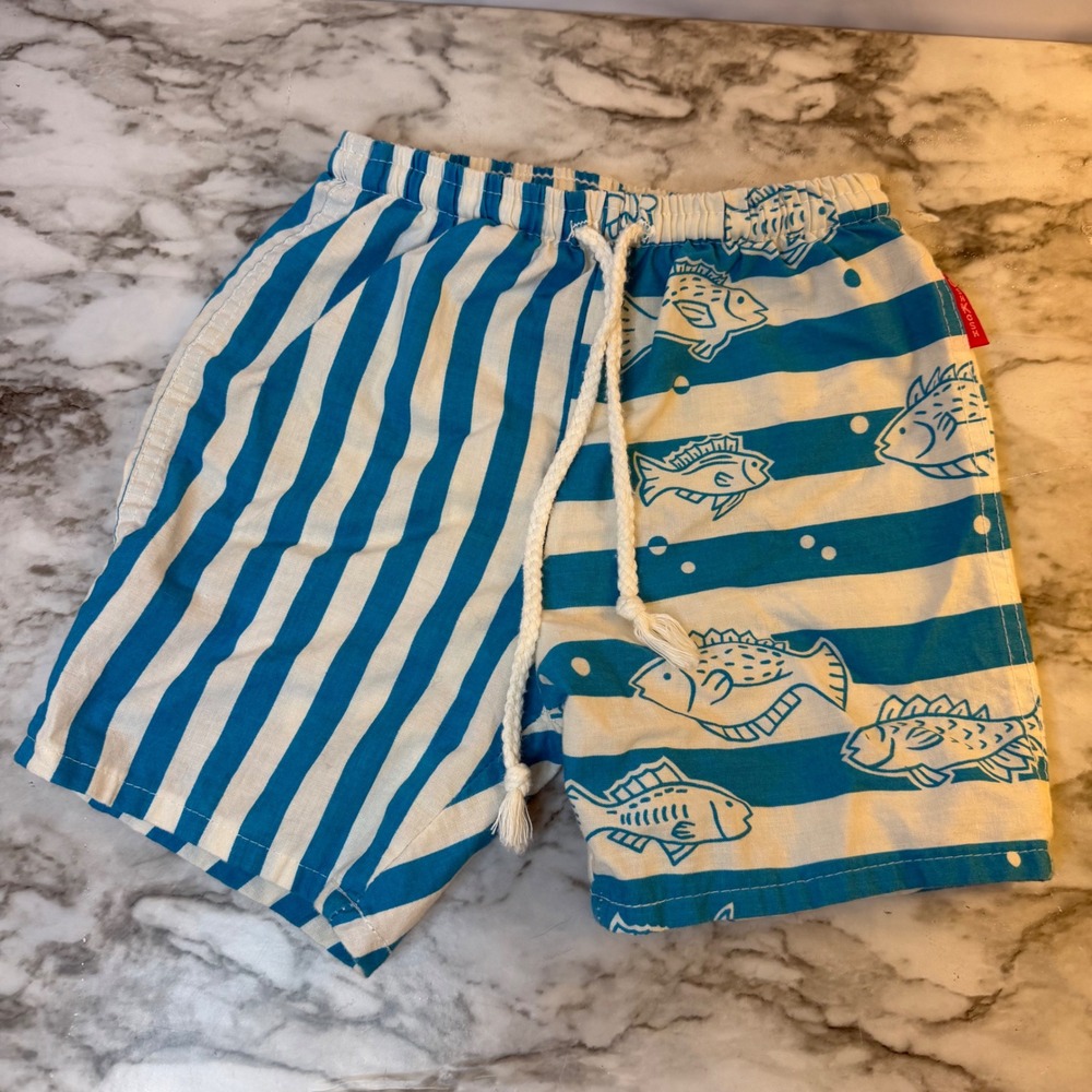 Vintage OshKosh Bgosh Kids Size 7 Blue White Striped Fish Swim Trunks USA Made